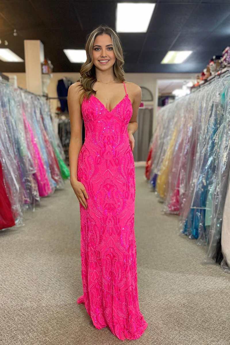 Mermaid V Neck Sequins Appliques Fuchsia Long Prom Dress